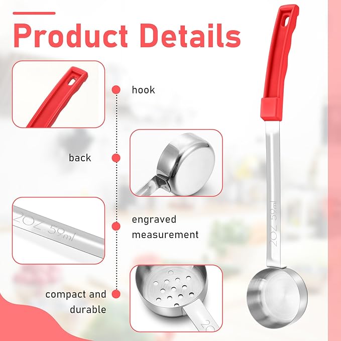 2 Pcs Portion Control Serving Spoons, Restaurant Measuring Serving Ladle Utensils, Portion Spoons for Weight Loss, Kitchen(Red,2 oz,Solid and Slotted)