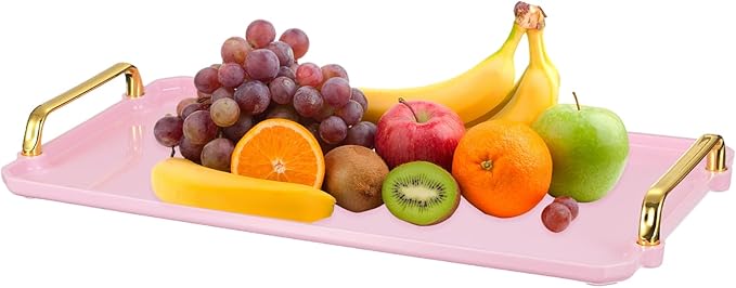 uxcell Plastic Serving Tray with Golden Handle, 16 x 8.7 Modern Rectangular Decorative Tray Acrylic Reusable Tea Platter for Countertop Bathroom Kitchen Home Restaurant, Pink