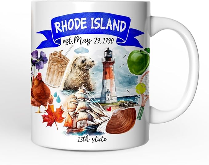 OrnamentallyYou State Travel Landmark Mugs – 12 oz Ceramic Coffee Cups, U.S. Souvenir Gift for Tourists (Artistic Rhode Island State Themes and Landmarks Mug)
