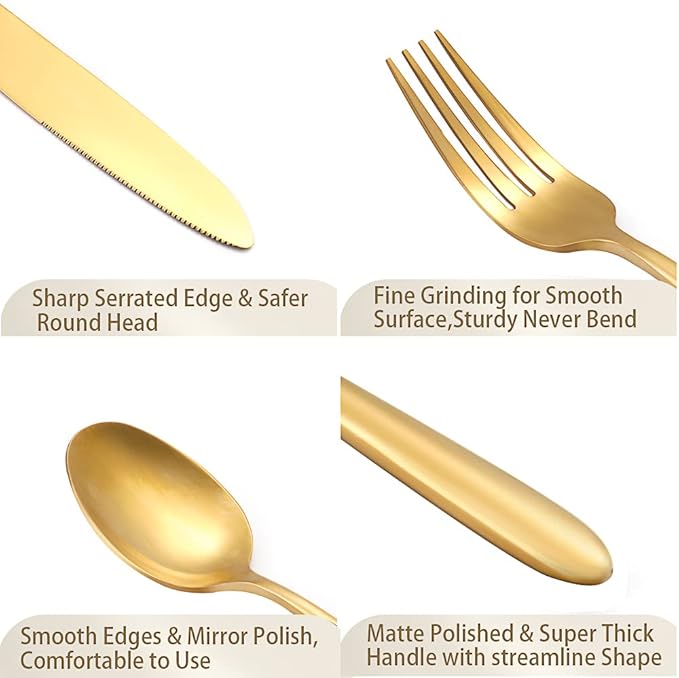 DEACORY Silverware Set Flatware Set Matte Gold Stain Polished Cutlery Set Brushed Finished Heavy Brass Drip Handle Stainless Steel 40 Pieces Dishwasher Safe Service for 8