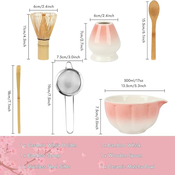 Matcha Whisk Set, 6 PCS Matcha Set-Ceramic Bowl, Matcha Whisk, Whisk Holder, Scoop, Spoon & Sifter, Complete Tea Ceremony Kit Set, Gift Box for Friends & Family, Christmas, Birthday (Pink)