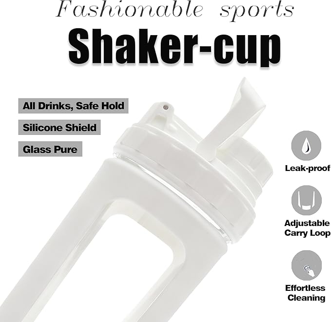 BYLWORKOUT Glass Shaker Bottle Holds upto 28oz | No Blending Ball or Whisk | Removable Plastic Mixer Included | Portable Drink Water Bottle Glass with Silicone Sleeve (White)