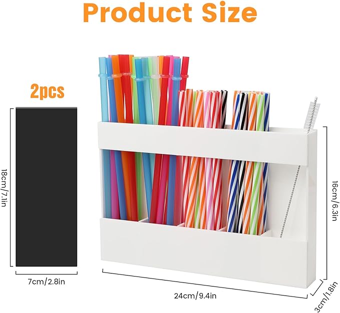 Acrylic Straw Holder, Straw Organizer Dispenser with Two Pieces Rubber Magnet Sheets, Drinking Straw Storage Holder for Cabinet Door Fridge Counter Kitchen Office(White)