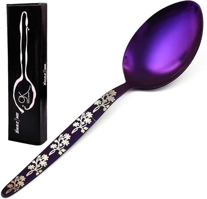 Kunz Purple Spoon | 18/10 Stainless Steel Titanium Shiny Basting Spoon | 9 Inches Plating Daily Chef Quenelle Serving Spoons