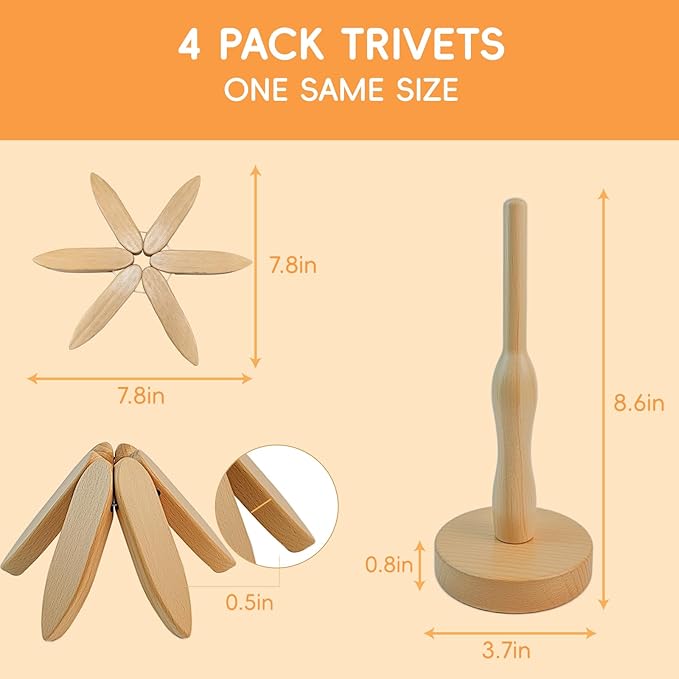 Wooden Trivets for Hot Dishes, Wooden Tree Trivet Set, Natural Tree Trivet Set - Foldable Coasters for Kitchen Counter, Hot Pots and Pans, Heat Resistant Table Protectors