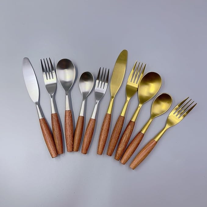 20 piece Wooden Handle Gold Silverware Set for 4 Gold Utensil Set Cutlery Flatware Set Food-Grade 18/8 Stainless Steel Spoons And Forks Set Matte Utensil Sets Dishwasher Safe for Home & Kitchen