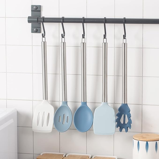 COOK WITH COLOR Silicone Cooking Utensils, Kitchen Utensil Set, Easy to Clean Silicone Kitchen Utensils, Cooking Utensils for Nonstick Cookware, Kitchen Gadgets Set, 5 Pieces, Blue and White
