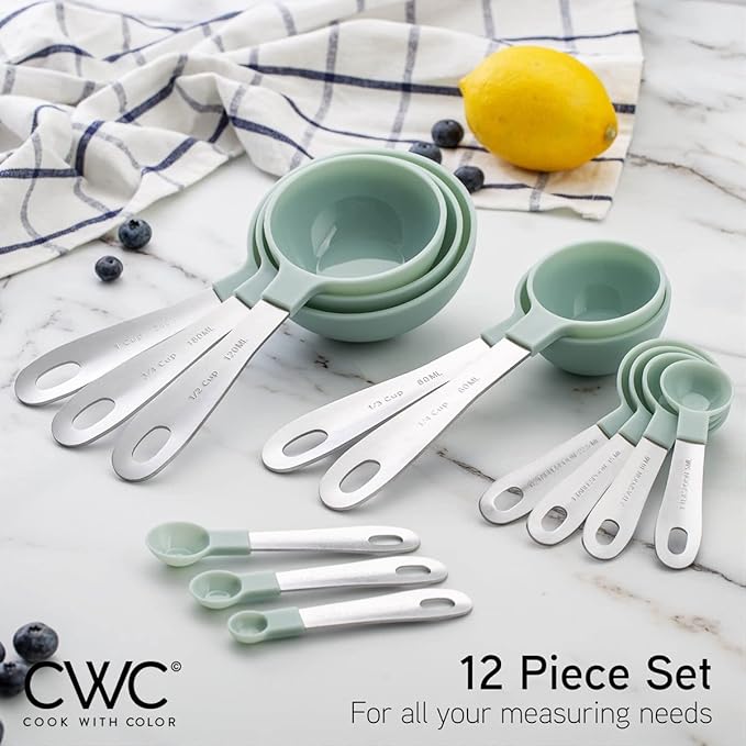 COOK WITH COLOR Measuring Cups Set and Measuring Spoon Set, Stainless Steel Handles, Nesting Kitchen Measuring Set, Liquid Measuring Cup Set, 12 PC Stainless Steel, Mint