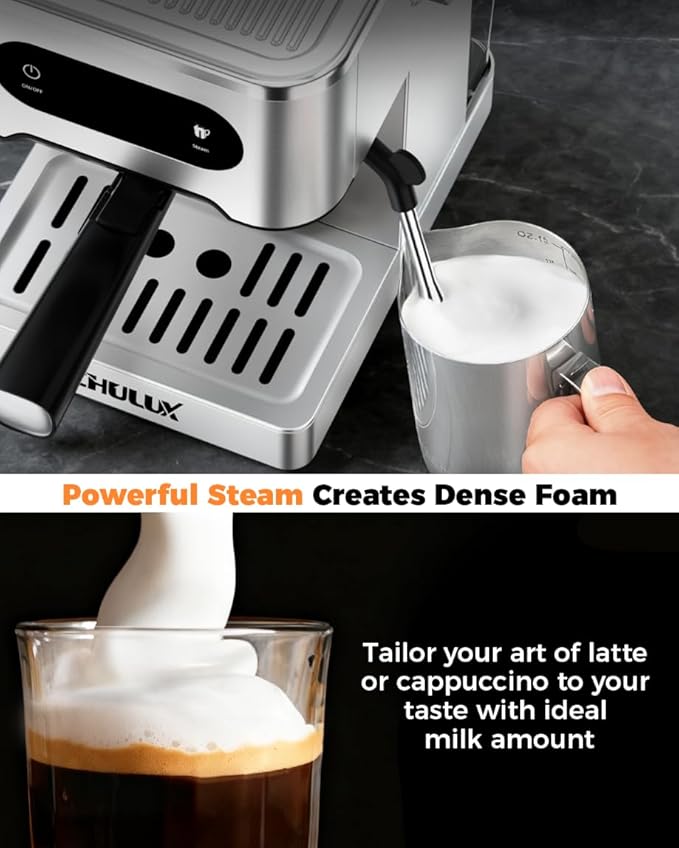 CHULUX Cold Brew Espresso Machine, 20 Bar Stainless Steel Touchscreen Cappuccino & Latte Machine with Steam Wand for Home
