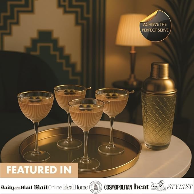 VEMACITY - Ribbed Nick and Nora Cocktail Glasses with Gold Rims (5.4oz) | Nick & Nora Glasses Set of 4, Jigger & 4 Picks - Vintage Glassware | Gimlet Cocktail Glasses | Ideal for Christmas & New Years