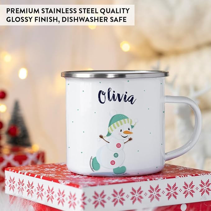Andaz Press Personalized Name 11oz. Kids Christmas Hot Chocolate Stainless Steel Campfire Coffee Mug, Charming Snowman Aqua Ice Skates, 1-Pack, Custom Birthday Xmas Cup Kids Hot Chocolate Mug