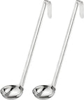 Fit Meal Prep [2 Pack] 2 oz Stainless Steel Soup Ladle, One-Piece Sauce Spatula with Hook Handles, Commercial Grade Serving Spoon, Kitchen Tool for Restaurant or Home Cooking, Mirror Finish, 12" Long
