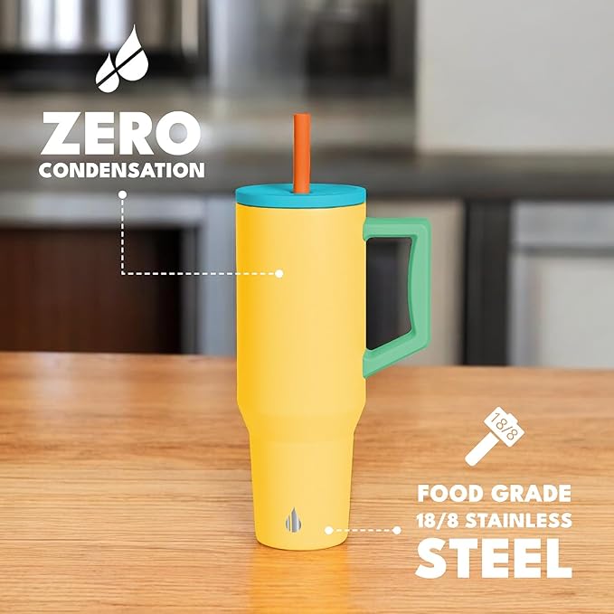 Elemental 40 oz Tumbler with Handle and Straw - Spill Proof Insulated Stainless Steel Commuter for Hot and Cold Beverages - Travel Coffee Mug with 2 Straws & Spill Proof Lid - 40oz - Lemon Zest