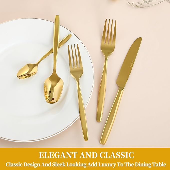 Gold 40-Piece Silverware Set,Stainless Steel Flatware Utensils Cutlery Set for 8,Including Steak Knife Fork and Spoon,Dishwasher Safe,Modern Tableware for Home & Dining
