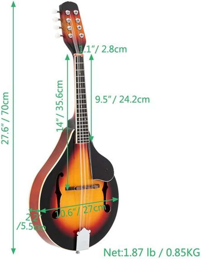 A Style Mandolin Sunset Finish 8 String Acoustic Mandolin for Beginners and Adults with Basswood Body Rosewood Fingerboard Mahogany Top Folk Bluegrass Instrument