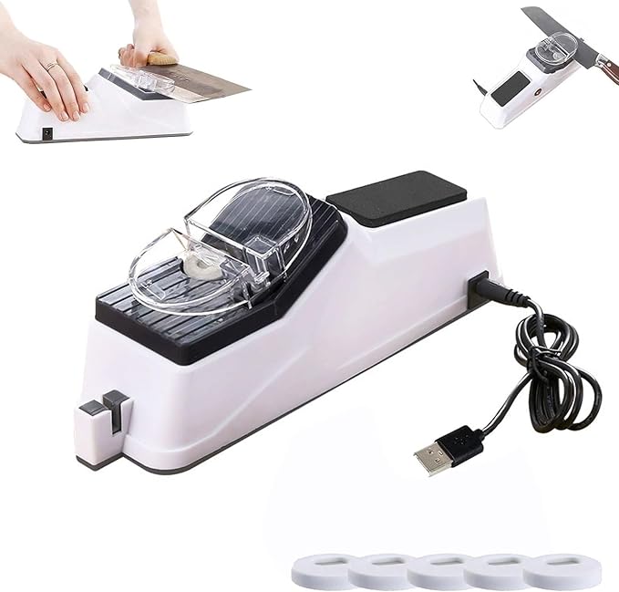 Sharp Pro, Besyner USB Electric Knife Sharpener for Kitchen Knives, Double Sided Knife Sharpener, Quick Sharpening & Polishing, Stable Non-Slip Base with Replacement Grinding Tools (1)