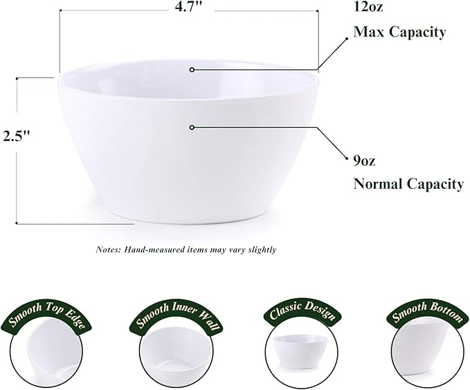 4.7-Inch Melamine Rice Bowls (Set of 6) - 12oz Unbreakable and Reusable Soup Bowls with Ceramic Feel, Stackable and Dishwasher-Safe Dinnerware (White)