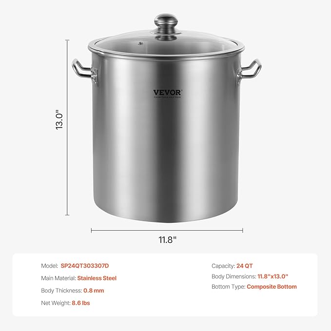 VEVOR Stainless Steel Stockpot, 24 Quart Cooking Pots, Cookware Sauce Pot with Lid, and Handle, Heavy Duty Commercial Grade Stock Pot, Sanding Treatment, for Steaming Boiling or Frying Silver