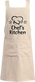 Cotton Linen Apron Non-tie Cross Back Kitchen Apron with Pockets Soft Comfortable Durable for Cooking Baking Gardening (Khaki,Chef's Kitchen)