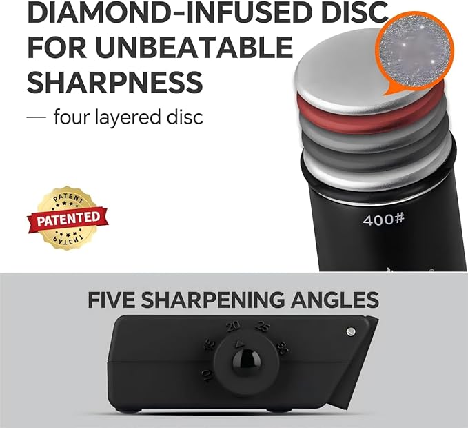 The Innovative Knife Sharpener - Patented Multi-Angle Premium Rolling Knife Sharpener with Extra Replacement Head for Chef's, Fruit, and All Steel Knives (Black)