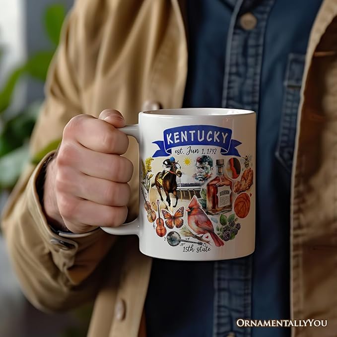 OrnamentallyYou State Travel Landmark Mugs – 12 oz Ceramic Coffee Cups, U.S. Souvenir Gift for Tourists (Artistic Kentucky State Themes and Landmarks Mug)