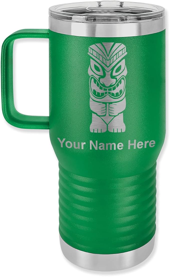 LaserGram 20oz Vacuum Insulated Travel Mug with Handle, Tiki Statue, Personalized Engraving Included (Green)