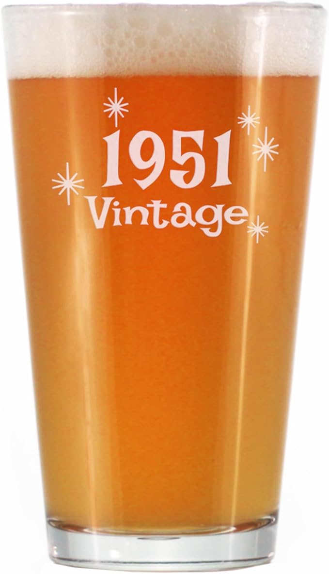Vintage 1951 Pint Glass for Beer - 74th Birthday Gifts for Men or Women Turning 74 - Fun Bday Party Decor - 16 oz