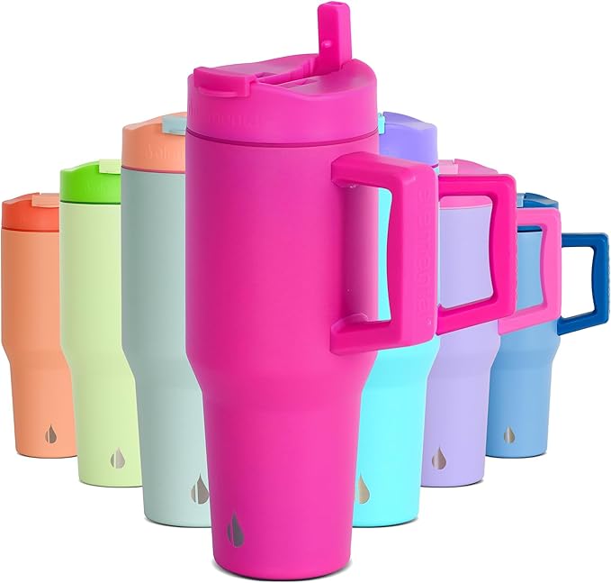 Elemental 32 oz 100% Leak Proof Tumbler with Handle & Straw - Stainless Steel Double Wall Insulated Tumbler for Hot and Cold Beverages - Travel Coffee Mug with Sip & Straw Lid - Hot Pink