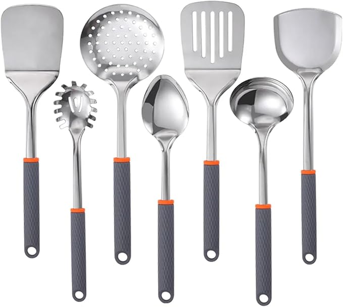 7-Piece Kitchen Utensil Set for Non-Stick Cookware - Stainless Steel with Silicone, Heat Resistant, Easy Grip, Gray & Orange