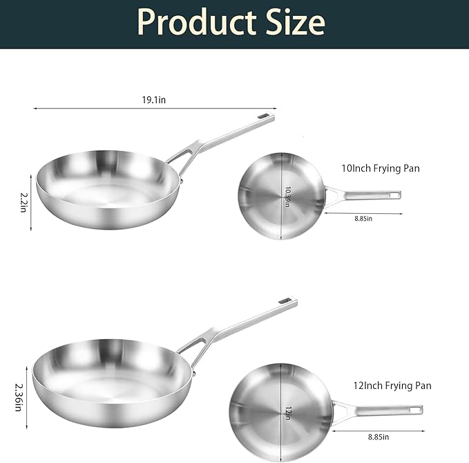 Tri-Ply Stainless Steel Pan Set, 10" & 12" Frying Pans with Lids, 2 Piece Set, Fully Bonded, Oven & Dishwasher Safe, Compatible with All Cooktops Up to 550F
