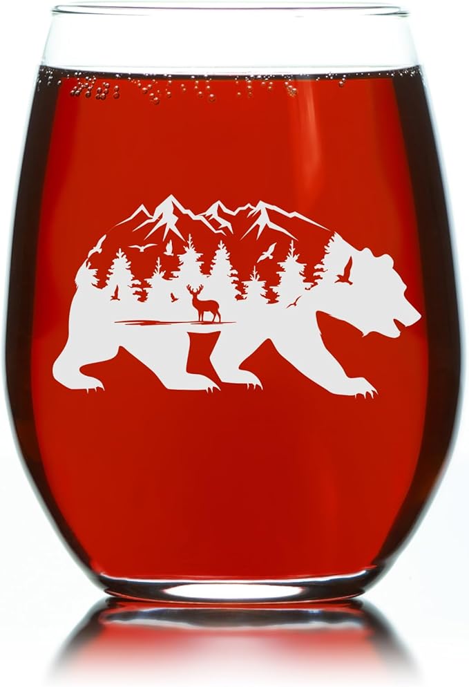 C M Bear Stemless Wine Glass - 17 oz - 1 Piece - Bear Mountain Themed Gift for Men and Women (Style B2)