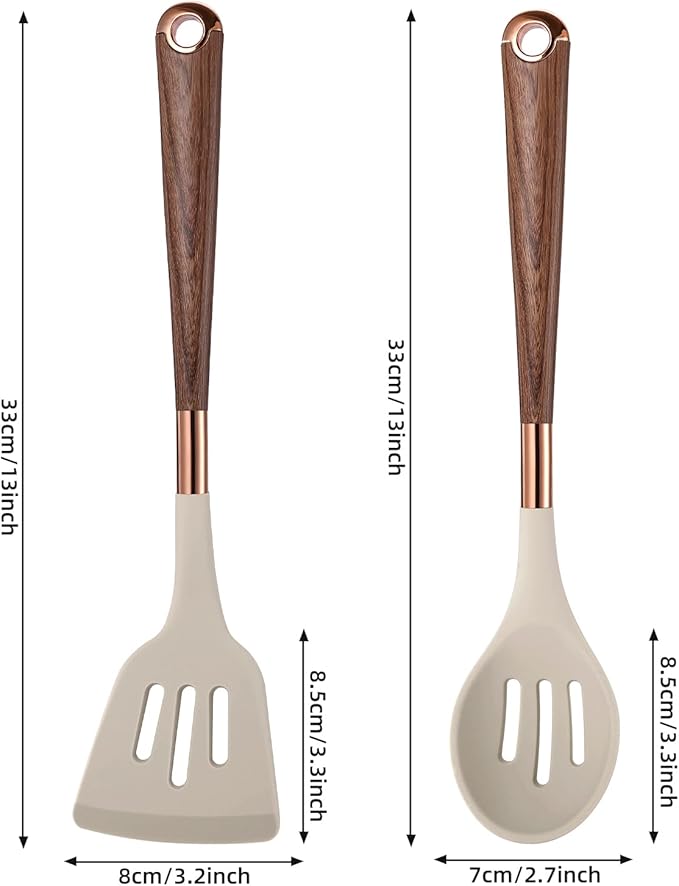 MANJIA Silicone Spatulas Set, Nonstick Silicone Spoon & Turner Spatula Set, Serving Spoon kitchen Spatula for Cooking Fish, Eggs,Flipper, Cooking Utensils Set 2pcs (khaki-slotted spoon & spatula)