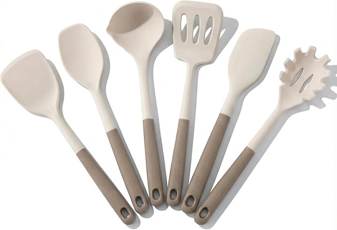 6-Piece Silicone Kitchen Utensil Set, NON-PLASTIC 500°F Heat-Resistant BPA-Free Dishwasher Safe Cooking Tools with Upgraded Spatula, Turner Ladle Skimmer Pasta Fork Scraper, Cream White &Mocha