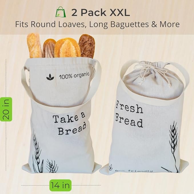 Linen Bread Bags for Homemade Bread - 2 Pack XXL Reusable Sourdough Bread Storage Bags, Keep Bread Fresh Longer, Linen Bag with Drawstring Handle, Washable, Gifts for Bakers
