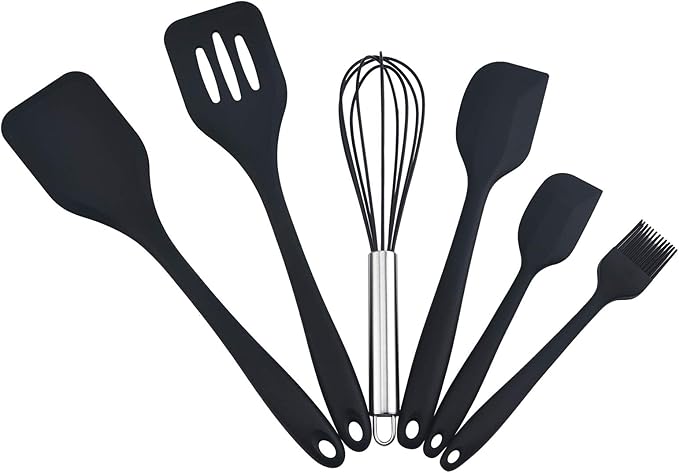 Gullor Silicone Kitchen Utensils Baking Tool Set, Cooking Spoon, Spatula, Whisk, Brush, Scraper, 6 Pieces in Set, Black