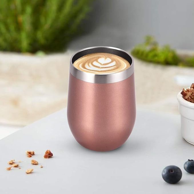 8 Pack 12Oz Stainless Steel Wine Tumblers, Insulated Wine Tumbler, Double Wall Insulated Wine Glass, Stainless Steel Stemless Wine Cups with Lids for Coffee, Wine, Cocktails, Champaign, Rose Gold