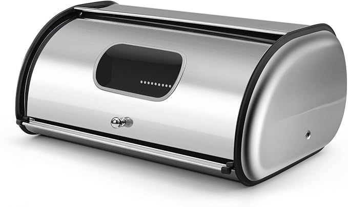 Flexzion Stainless Steel Bread Box For Kitchen Countertop (17 inch) - Kitchen Countertop Metal Bread Storage with Roll Up Lid & Front Window for Restaurant & Homemade Cakes, Buns, Pastries, Pancakes