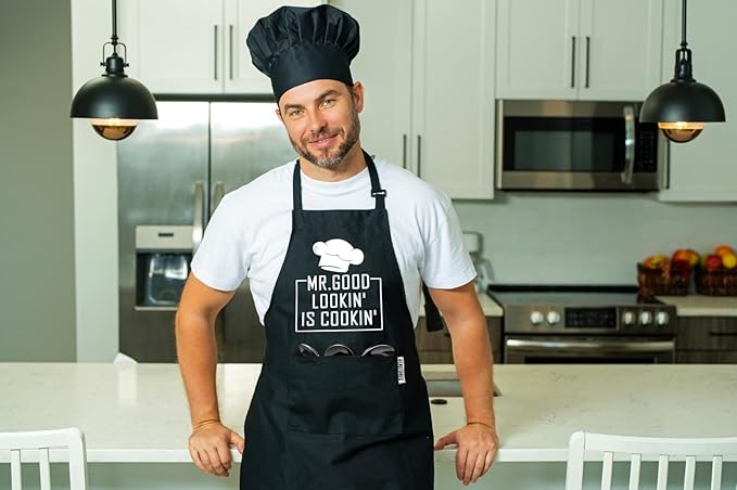 Funny Grilling Aprons for Men with Pockets BBQ Novelty Cooking Apron for Son Grandad Christmas Fathers Day Gift