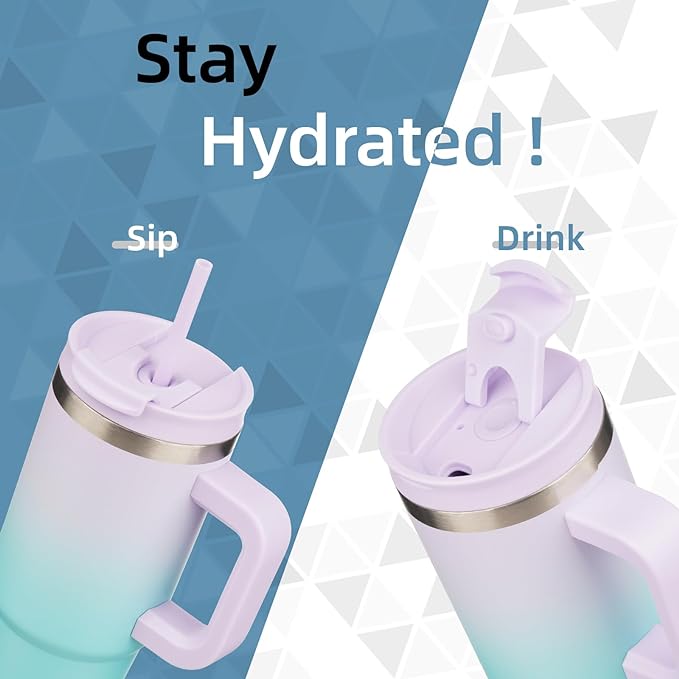 30 oz Tumbler with Handle and 2 Straws,2 in 1 Lid Insulated Water Bottle Stainless Steel Travel Coffee Mug,Lavender Green