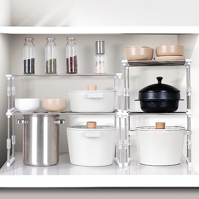carrotez 2 Pack Expandable Cabinet Organizer, Set of 1 Width & Height-Adjustable Kitchen Cabinet Organizer Shelf, Stackable Kitchen Counter Shelf, 11.8~19.6 x 7.8 x 5.9~9" White