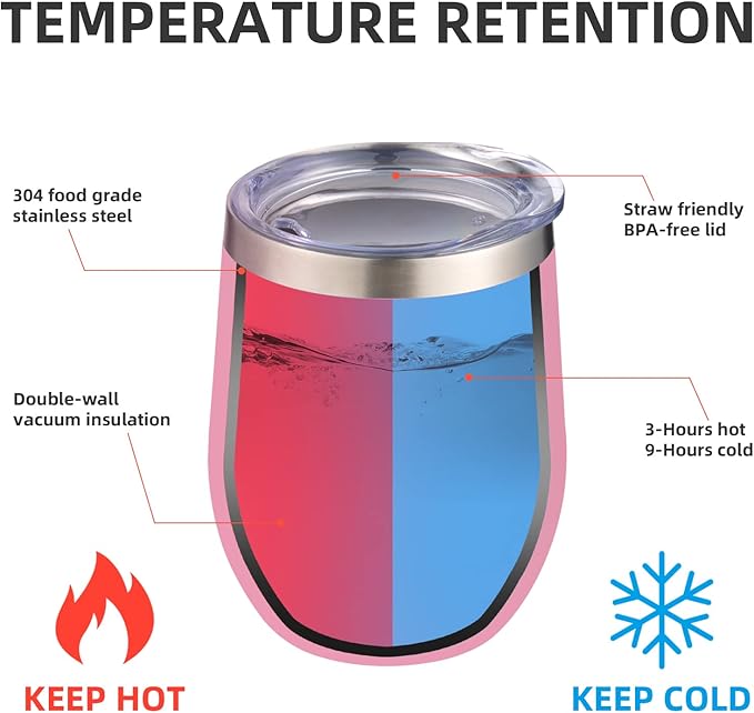 12 oz Insulated Wine Tumbler with Lid and Straw,Stainless Steel Stemless Wine Tumbler Glasses Double Wall Vacuum Wine Cups Tumbler Bulk for Coffee,Champaign,Cocktail,Office(Pink,8)