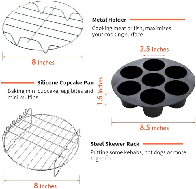 Air Fryer Accessories 11PCS, Fit all 3.7QT-4.0-5.8QT Power Deep Hot Air Fryer with Cake Barrel, Pizza Pan