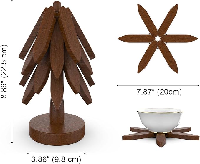 Wooden Trivets for Hot Dishes, Tree Shape Trivet Set, 4 Wooden Trivets+1 Stand, Natural Foldable Kitchen Wooden Trivet for Hot Dishes, Pot, Bowl, Teapot, Hot Pot Holders