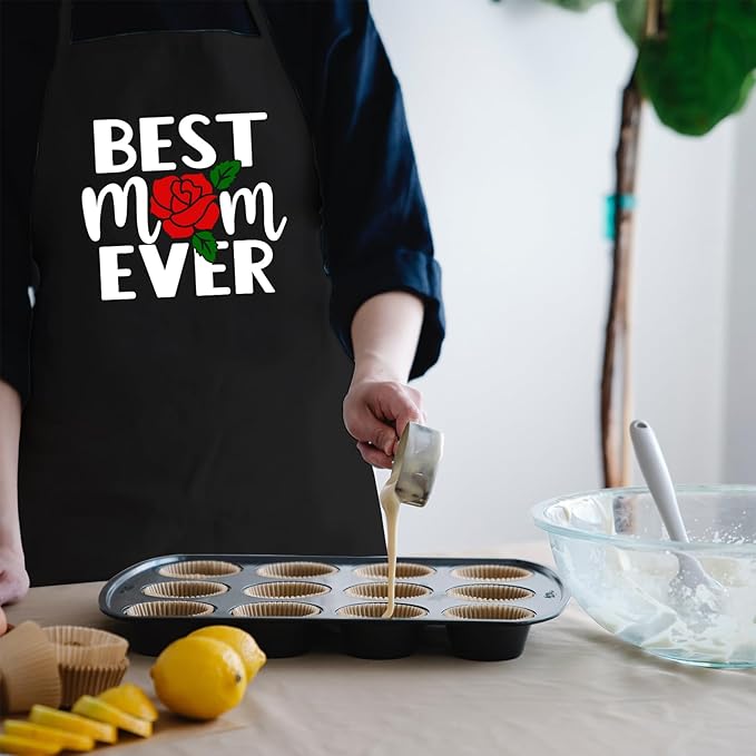 Cooking Aprons for Women with Pockets, Best Mom Ever Apron for Baking Kitchen Chef, Birthday Gifts for Mom Wife