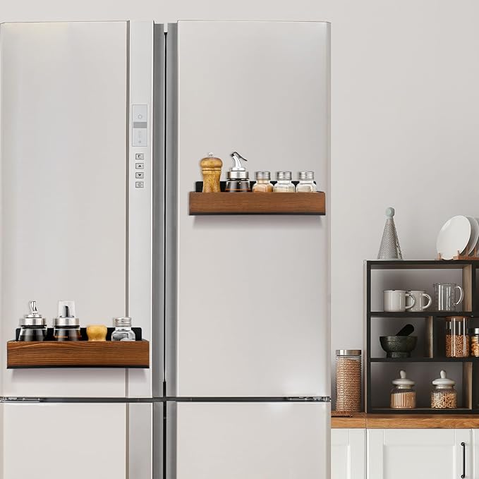 2 Pack Farmhouse Magnetic Spice Rack for Refrigerator Metal Magnet Basket Shelf for Fridge Seasoning Storage Organizers Home Decor Kitchen Accessories (Wooden Color)