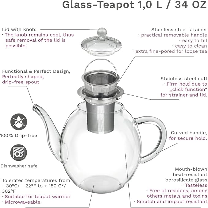 Creano Glass Teapot 34oz (1000ml) with removable stainless steel Tea Infuser - includes 2 Blooming Teas - Giftset - Tea Kettle and Tea Maker