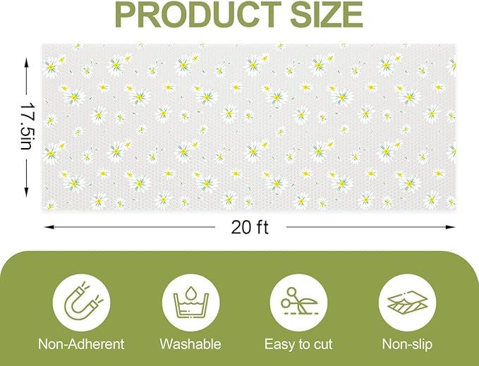 FEXIA Shelf Liner 17.5 Inch x 20 FT Daisy Non Slip Waterproof Cabinet and Drawer Liner for Kitchen Cabinet Refrigerator Pantry Closet Durable Non Adhesive
