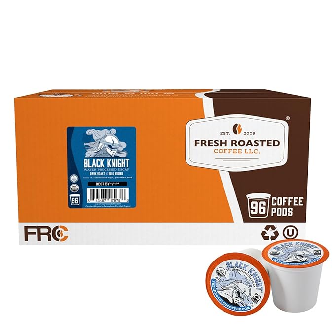 Fresh Roasted Coffee, Organic Black Knight Water-Processed Decaf | USDA Organic, Kosher | Dark Roast | 96 Pods for K Cup Brewers