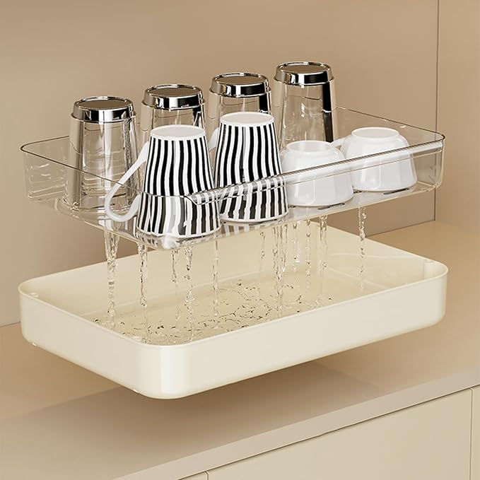 Countertop Coffee Station Organizer, 3 Tier Wine Glass Holder, Mug Shelf with Removable Drain Tray, Spice Rack for Kitchen, Bathroom Countertop Organizer, Cream White