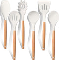 E-far White Cooking Utensils Set of 6, Silicone Kitchen Utensils with Wooden Handle, Non-stick Cookware Friendly & Heat Resistant, Includes Spatula/Ladle/Slotted Turner/Serving Spoon/Spaghetti Server